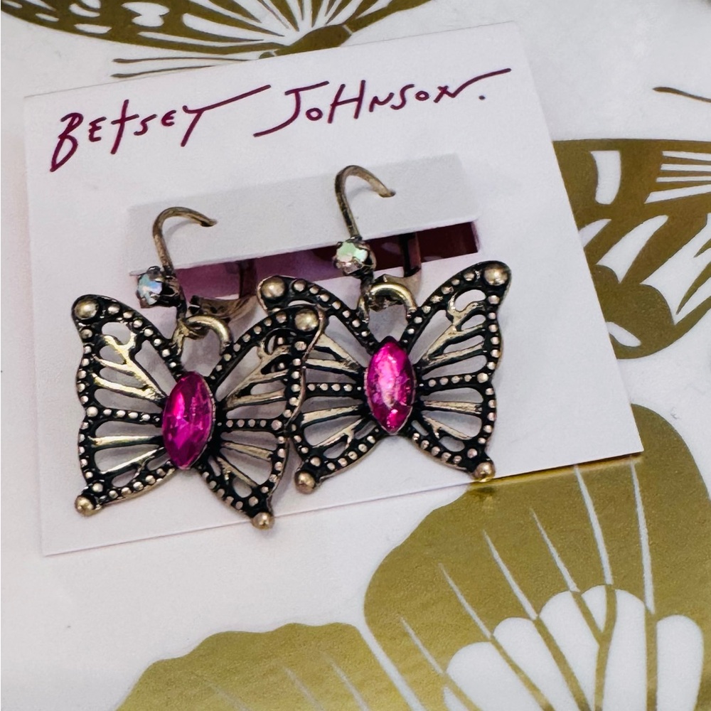 Betsey Johnson Gold Butterfly Earrings with Pink  Gems - NWT